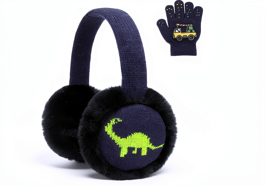 Child wearing dinosaur earmuffs on a snowy hill