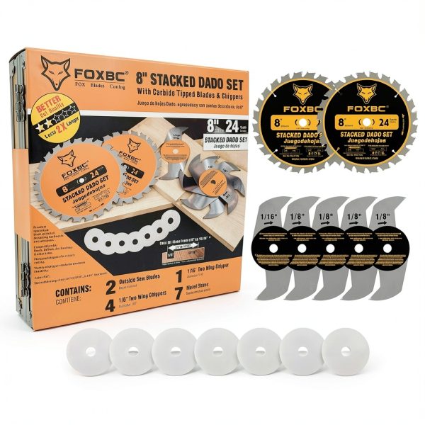FOXBC 8" Carbide Stacking Dado Blade Set for SawStop, Jet, Dewalt, Bosch Saw - 14 Pieces-1