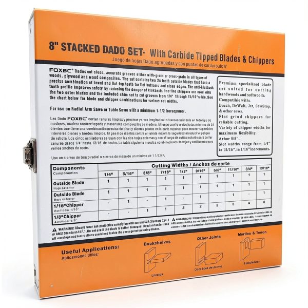 FOXBC 8" Carbide Stacking Dado Blade Set for SawStop, Jet, Dewalt, Bosch Saw - 14 Pieces-4